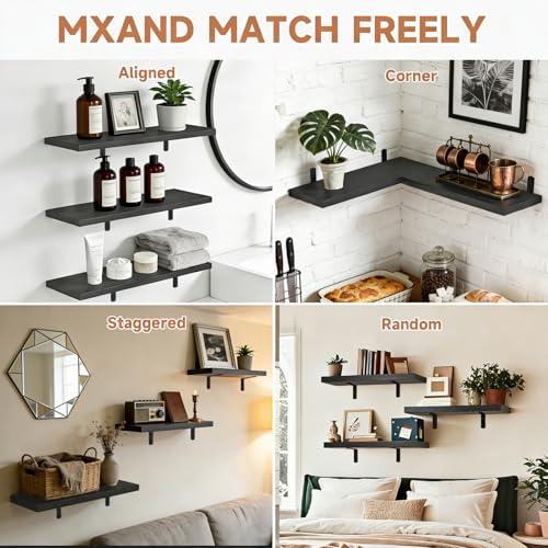 Easy Install Wall Shelves with Bracket,15.7Inch Wall Mounted Wood Floating Wall Shelves,Small Wall Shelves for Storage&Wall Decor, Living Room, Kitchen, Office,Corner Shelf for Bathroom,Set of 3,Black - color: Black L-bracket