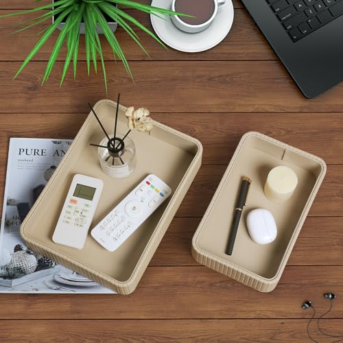 Desk Organizer Tray, PU Leather Nightstand Organizer Perfume Valet Tray for Men Women, Decorative Vanity Trays Trinket Dish Key Bowl for Entryway Table (2pcs, Beige, Large+Small) - color: Beige, size: 11.5" x 8.3" x 2.2"& 9.5" x 6" x 2.2"