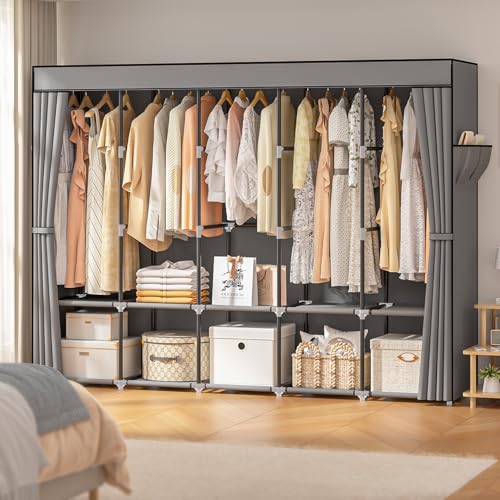Neatrays Portable Closets for Hanging Clothes, 83 Inch Large Capacity Wardrobe Closet, Freestanding Armario De Ropa Closet with Cover & 5 Hanging Rods & 10 Storage Shelves (Grey) - color: Grey, size: 5 Row - 83"Wide