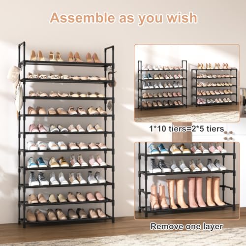 VTRIN 10 Tier Shoe Rack Tall Large Capacity Wide Shoe Organizer with Two Hooks Sturdy Metal Shoe Shelf for Entryway, Closet, Bedroom - color: Black, size: 32.3" Wide - 10 Tier