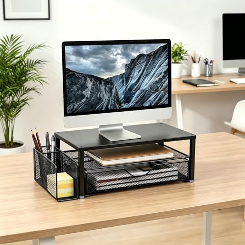 Spacrea Desk Organizer and Accessories, Computer Monitor Stand Riser with Drawer and 1 Open Pen Holder, Printer & Laptop Stand, Office Desk Accessories for Home Office Supplies (Black) - color: Black - Metal Drawer