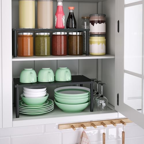 VERTORGAN Cabinet Organizer Shelf(Set of 2),Kitchen Counter Shelves,Bamboo Spice Rack Countertop and Cabinet,Stackable Expandable,Medium(Black) - color: Black, size: 11.8"W