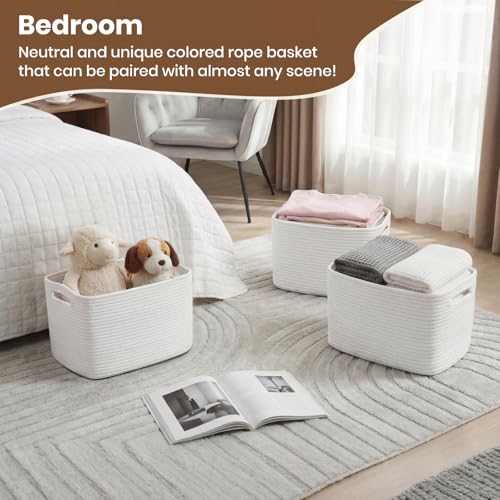 Storage Baskets for Organizing, 14 x 10 x 9” Closet Shelf Woven Baskets, Square Bins with Handles, Cotton Rope Basket for Toys, Clothes, Office, Room, White 4 Pack - color: White, size: 4pcs