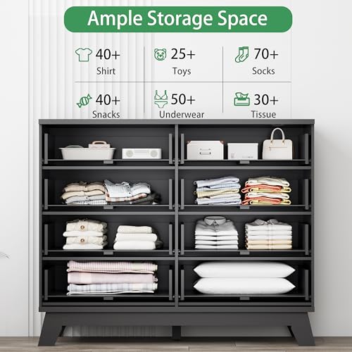 Fluted Dresser for Bedroom with 8 Drawers, 48" Wide Modern Chest of Drawers with Metal Handle, Wooden Dresser TV Stand, Wood Closet Clothes Storage Drawer Organizer for Living Room, Hallway, Black - color: Black, size: 15.6"D x 47.2"W x 38.2"H (8 Drawers)