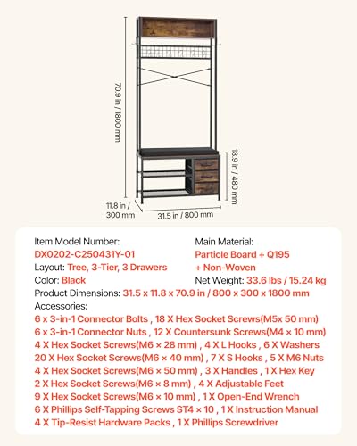 VEVOR Hall Tree with Bench and Shoe Storage, Entryway Bench with Coat Rack, 3 Drawers, 3 Storage Cubbies, 7 Hooks with Soft Cushion for Entryway, Hallway - size: 70.9" * 31.5"