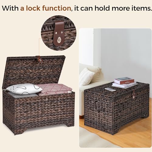 Honjourai Handwoven Storage Basket with Lid, 165L Plastic Rattan Storage Bin, Leather Buckle & Metal Frame, Large Metal Ring Handles, Storage Trunk for Bedroom, Laundry Room - color: Brown PE Rattan, size: 165L-Flat Lid