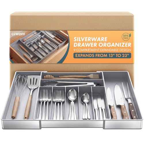 Heavy Duty Stainless Steel Frame Silverware Organizer with Plastic Body, Extra Large Silverware Drawer Organizer, 9 Slot Expandable Kitchen Drawer Organizer, 8 Non-Slip Feet Included, BPA Free, Gray - color: Gray