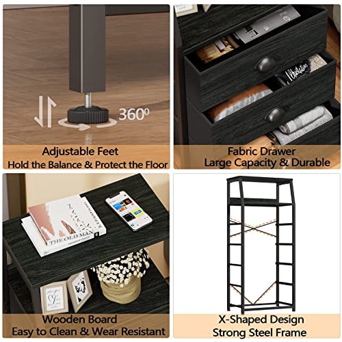 Furnulem Black Dresser with 5 Drawers, Vertical Storage Tower Fabric Dresser for Bedroom, Hallway, Entryway, Nursery, Closet Organizer, Nightstand Bedside Table Furniture, Sturdy Steel Frame, Wood Top - color: Black Oak, style: 5 Drawers