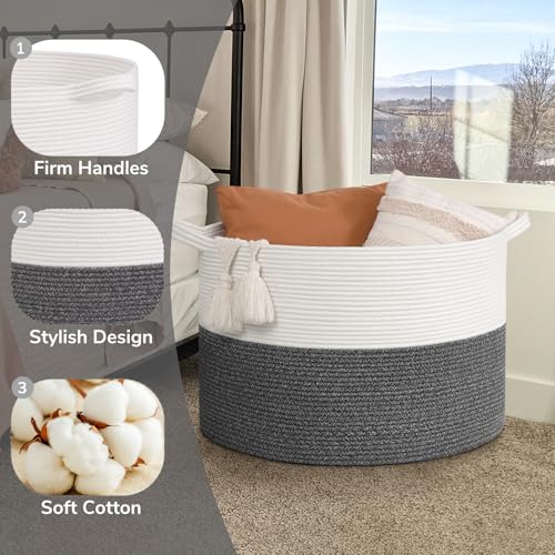 Goodpick 115L Extra Large Blanket Basket, Soft Cotton Rope Storage Basket for Organizing, Home Decor, Toys, Toy Storage Organizer for Living Room & Nursery, Grey - color: White & Grey, size: 23.5x23.5x15.8 Inch (Pack of 1)