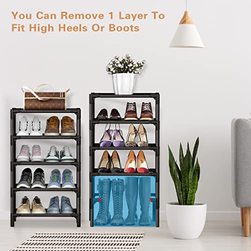 Shoe Rack - 10 Tiers Shoe Organizer with Detachable Fabric Shelves & Metal Frame, Up to 20-25 Pairs Narrow Tall Shoe Rack for Closet, Entryway, 17.7" x 11.0" x 63" - color: Black-11"d X 17.7"w