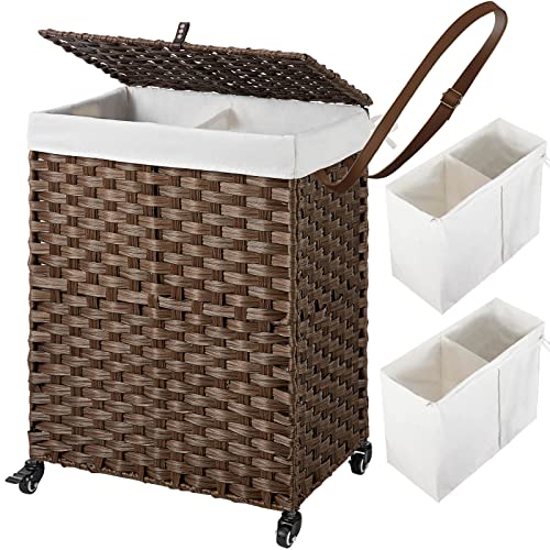 Greenstell Laundry Hamper with Wheels, No Install Needed, 90L Divided Handwoven Hampers & 2 Removable Liner Bags, Synthetic Rattan Clothes Laundry Basket with Lid & Handles, Foldable Hampers Brown - color: Brown, size: 90L: 18.3x13.5x26.4 Inches