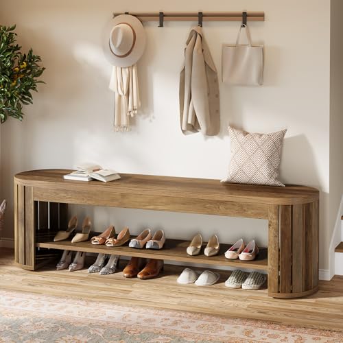 Tribesigns 63" Wooden Entryway Bench with Shoe Storage, Long 2-Tier Narrow Shoe Bench with Arc Vertical Slat Splicing Legs, End of Bed Stool for Bedroom, Entrance, Living Room (Brown) - color: Brown