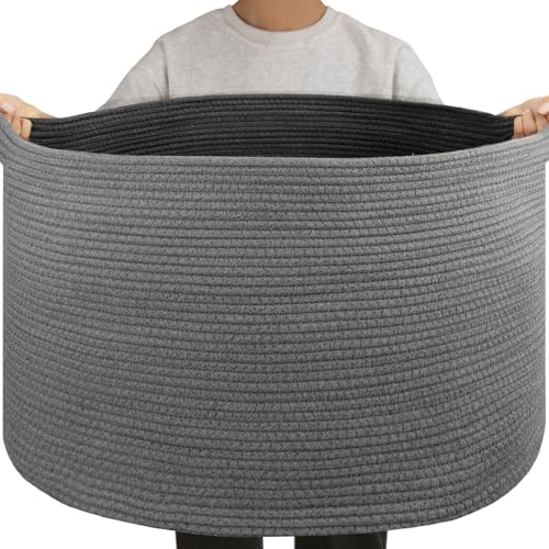 OIAHOMY 105L Blanket Basket for Living Room, Large Basket 23.6" x 23.6" x 14.6" with Handle, Laundry Hamper for Blankets, Pillows, Toy Storage for Kids, Dogs - Grey - color: Grey, size: 23.6" x 23.6" x 14.6"