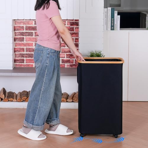 iEGrow 75L Slim Laundry Hamper with Wheels,Clothes Hamper for Laundry,Laundry Basket with Lid & Inner Bag,for Laundry Room, Bedroom, Dormitory Organization,Black - color: Black, size: 75L