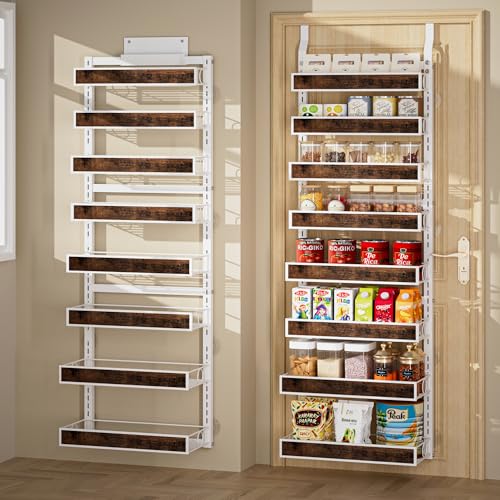 8 Tier Over The Door Pantry Orangizer 2 IN 1 Wall Mounted or Hanging Spice Rack with Adjustable Wood Basket,Heavy Duty Seasoning Storage Shelf for Kitchen Pantry and Bathroom - color: White-Wood, size: 8 Tiers