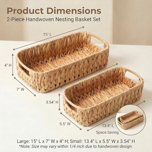 Toilet Paper Storage 2-Pack, Water Hyacinth Wicker Over the Tank Toilet Paper Holder & Narrow Bathroom Basket for Tissue Rolls, Countertops and Water Tank Covers
