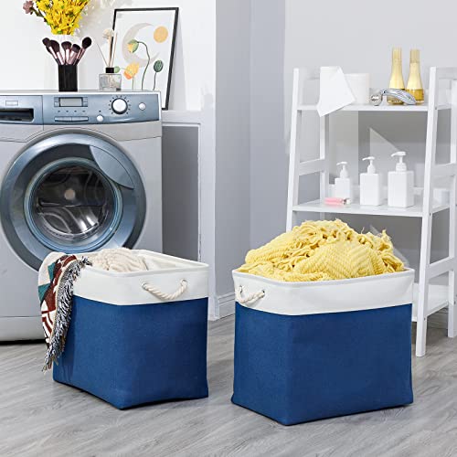 Bidtakay Large Canvas Organization Bins Set of 2 Navy Blue Rectangular Baskets 17x12x15 in for Blankets, Clothes, Towels, Dog Toys Storage - color: White&Blue, size: 2 Pack-XL-17x12x15 In