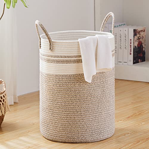 72L Large Woven Laundry Hamper by Fiona's magic, Tall Cotton Rope Storage Basket, Jute Baby Nursery Hamper for Blankets, Toys and Clothes in Bedroom and Living Room Organizing, Brown & White - color: Brown & White, size: Large(72L)