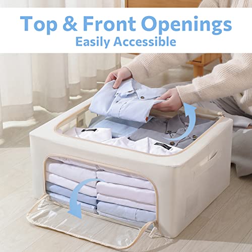 CYhom 3Pack Frame Storage Box - Clothes Storage Bin Bags Oxford Fabric Foldable Stackable Container Organizer Set with Clear Window & Carry Handles (Beige, Medium-44L) - color: Beige, size: Medium-44L