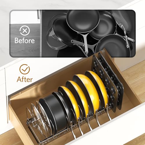 ORDORA Pots and Pans Organizer under Cabinet with Pan Holder: Expandable 11.8"-22.8" Kitchen Cabinet Organizer Rack, 12 Adjustable Dividers Storage for Cookie Sheets, Cutting Boards & Lid, Silver - color: Silver, size: 12 Dividers