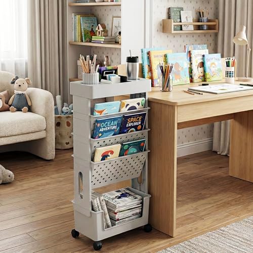 5-Tier Mobile Bookshelf, Rolling Bookcase Book Storage Rack, Movable File Folder Organizer Cart with Wheels for Home Study Office Living Room Classroom, Gray - color: Grey, size: 5-Tier