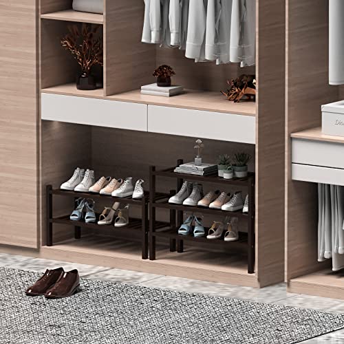ROMGUAR CRAFT 2 Tier (Thick) Bamboo Shoe Rack for Closet Free Standing Wood Shoe Shelf for Entryway Small Space Stackable 27"x12"x14" (Black Brown) - color: Brown, size: 2 Tier(Thick)