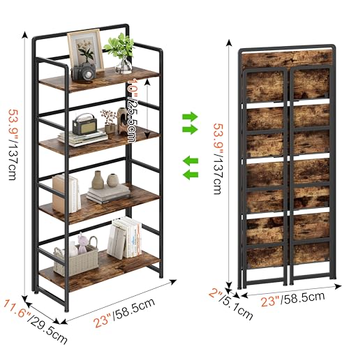 No Assembly Folding Bookshelf, 4 Tiers Collapsible Book Shelf for Home Office, Vintage Wood Foldable Bookcase Storage Organizer for Living Room Bedroom (Rustic Brown) - color: Rustic Brown, size: 4-tier