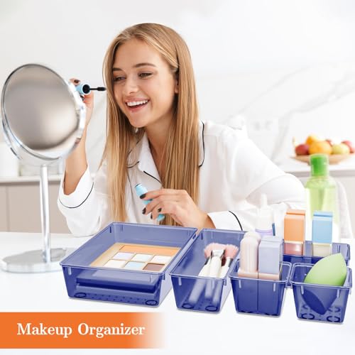 SpaceHacks 25 PCS Plastic Drawer Organizer Set, 4-Size Versatile Organizer Trays & Storage Bins for Makeup, Jewelry, and Gadgets in Bathroom, Bedroom and Office,Dark Blue - color: Dark Blue