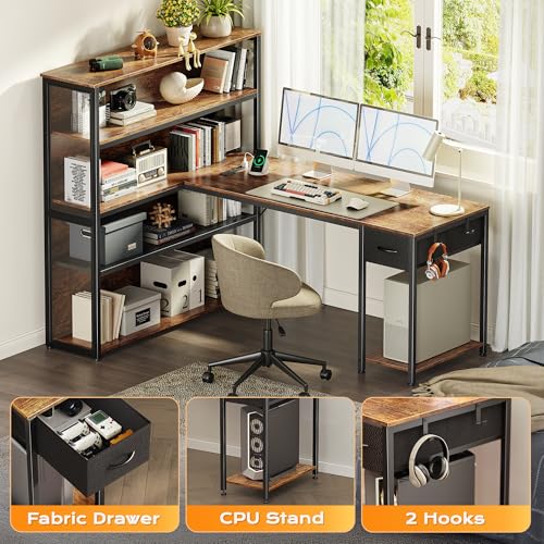 PRAISUN 57 Inch L Shaped Gaming Computer Desk with Larger Open Cabinet, Reverisble Office Desk with Power Outlets, LED Lights, Work Desk, Fabric Drawer, Adjustable Wood and Mesh Shelf, Rustic Brown - color: Rustic Brown