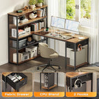PRAISUN 57 Inch L Shaped Gaming Computer Desk with Larger Open Cabinet, Reverisble Office Desk with Power Outlets, LED Lights, Work Desk, Fabric Drawer, Adjustable Wood and Mesh Shelf, Rustic Brown - color: Rustic Brown