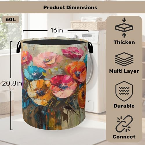 Modern Floral Oil Painting Laundry Basket - Heavy Duty 60L Dirty Clothes Organizer, Water Resistant Foldable Hamper for Men Women - color: Modern Floral Oil Painting