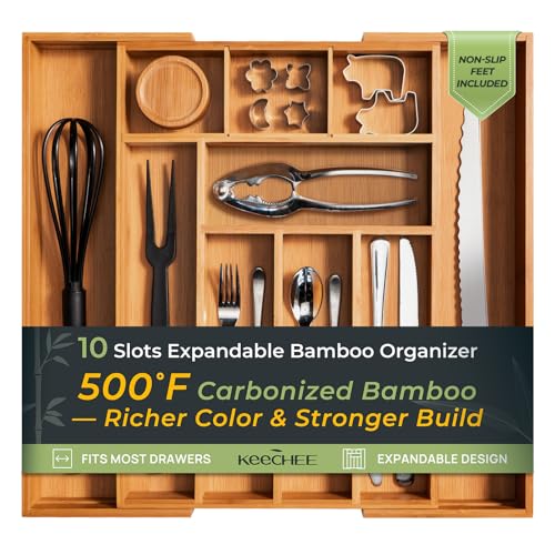keechee Carbonized Bamboo Kitchen Drawer Organizer, 10 Slots Expandable Silverware Organizer, Utensil Holder & Cutlery Tray, 2.2" Deep for Extra Capacity, Non-Slip Feet Included - size: 10 Slots（Expandable）