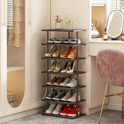 SORCEDAS 7 Tiers Vertical Shoe Rack Wooden Shoe Storage Organizer for Space Saving Narrow Shoe Shelf Storage 14 Pairs for Entryway Living Room Bedroom(Black + Rustic Dark Brown) - color: Black + Rustic Dark Brown, size: 7 Tier-Large
