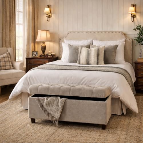 Homepop Home Decor | Tufted Ainsley Button Storage Ottoman Bench with Hinged Lid | Ottoman Bench with Storage for Living Room & Bedroom, Grey - color: Grey