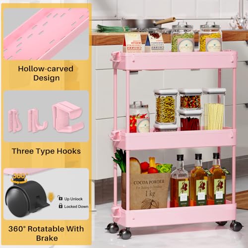 SPACEKEEPER Slim Rolling Storage Cart, 3 Tier Bathroom Organizer Utility Cart Laundry Room Organization Mobile Shelving Unit for Kitchen, Bathroom, Office, Bedroom, Narrow Places, Pink - color: Pink