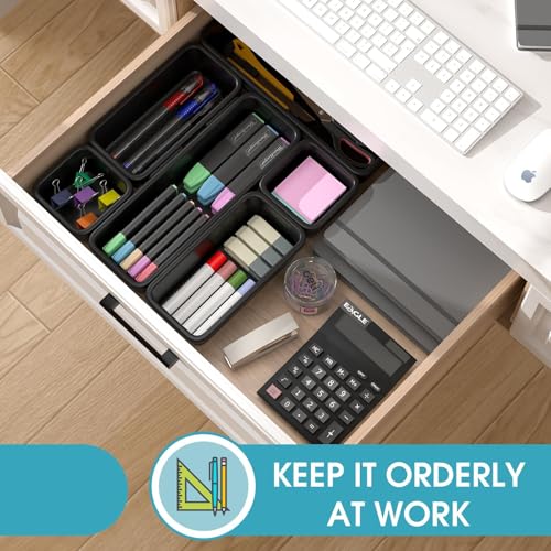 6 PCS Drawer Organizer Set, 3 Size Makeup Drawer Divider Organizer With Non-Slip Pads, Interlocking Plastic Storage Bins for Office,Jewelry Vanity,Gadgets, Bathroom,Kitchen, Black - color: Black, size: 6Pack