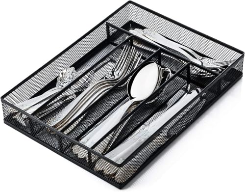 Sedegn Silverware Organizer Metal Mesh, Small Drawer Organizer, Utensil Cutlery Tray for kitchen drawers, Flatware Organizer with 5 Compartment, Black(9.3"*12.6") - color: Black, size: 9.3"*12.6"