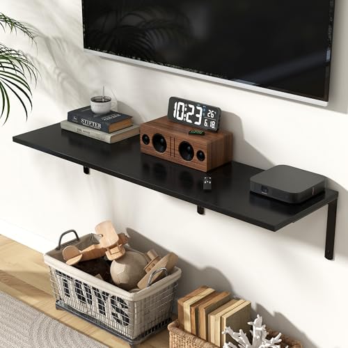 Fun Memories Floating Shelves for Wall, 12 Inch Deep Floating Shelves Set of 2, Wall Mounted Shelf with Metal Brackets, Rustic Wood Wide Shelf for Bathroom, Kitchen and Living Room, Black, 48W x 12D - color: Black- L Bracket, size: 48"W x 12"D