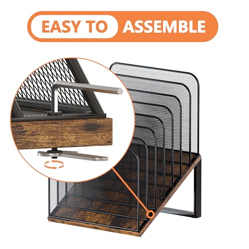 Piskyet Wooden Desk File Organizer, 7-Section Vertical File Folder Holder Stand,Metal Mail Paper Chromebook Organizer for Teacher Desk Office Classroom Desktop Organization（Inclined） - size: 7-Section Inclined