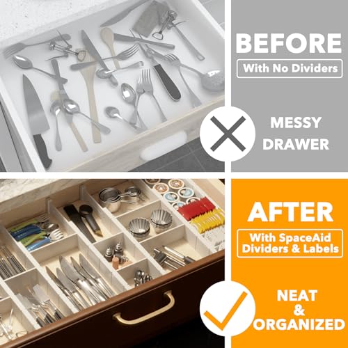 SpaceAid Bamboo Drawer Dividers with Inserts and Labels, Kitchen Adjustable Drawer Organizers, Expandable Organization for Home, Office, Dressers, 10 Dividers with 24 Inserts (17"-22" White) - color: WHITE, size: 2.35''H, 17''-22''L, 10 Dividers