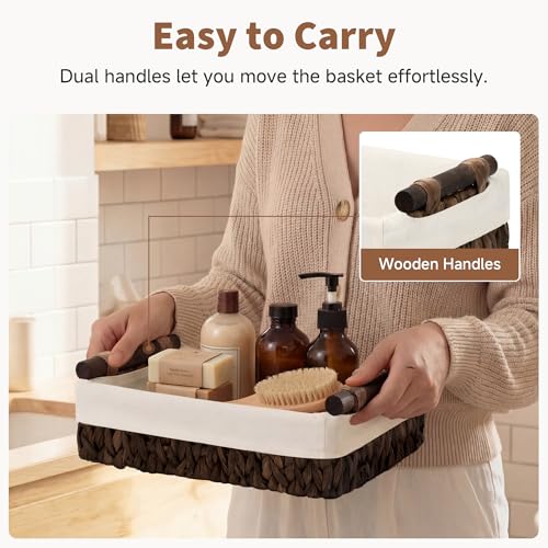 StorageWorks Small Baskets for Organizing with Wooden Handles and Liner, Wicker Toilet Paper Baskets for Back of Toilet Basket, Brown Water Hyacinth Bathroom Basket Organizer and Storage, 2 Pack - color: Brown (Water Hyacinth), size: 12"L x 7¾"W x 3¼"H +