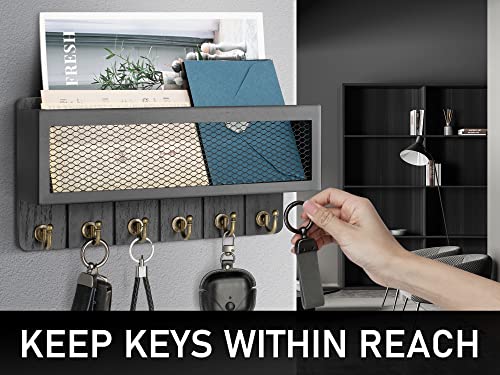 Rebee Vision Decorative Key and Mail Holder for Wall: Farmhouse Wall Mount Sorter with Storage Basket and 6 Retro Key Hooks - Wooden Mail Holder for Office, Appartment, Home Decor (Modern Black) - color: Black