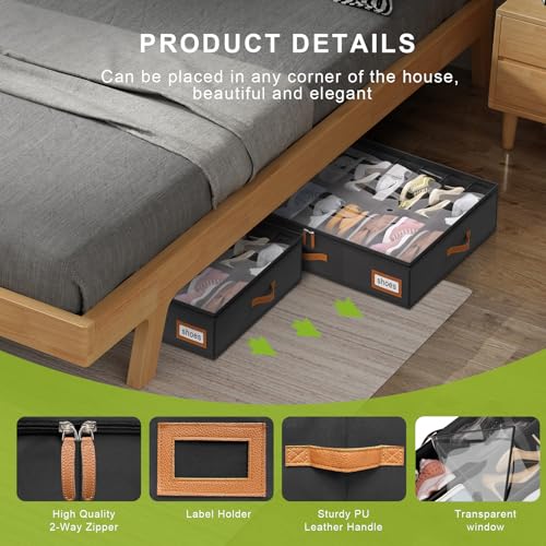 homyfort Shoe Organizer Under Bed, Fits 32 Pairs, Under bed Shoe Storage Boxes with Study Handles and Clear Cover, zapateras organizer for shoes, set of 2 - color: Black, style: Modern