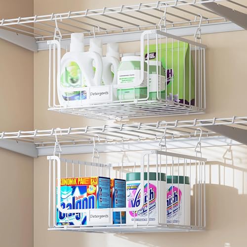 3-Pack Hanging Laundry Organizer, Stackable Wire Shelf Storage with Label Cards, Foldable Metal Baskets with 360 Rotating Hooks, Space-Saving for Laundry Room, Closet & Pantry, 11"15" Large, White - color: White, size: 3Tier-15"D x 11"W