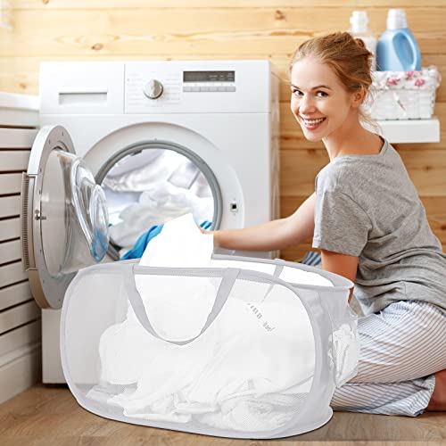 Strong Mesh Pop Up Laundry Basket, Collapsible Laundry Hamper with Side Pocket, Foldable Clothes Pop Up Hamper with Durable Reinforced Handles for Laundry, Bathroom, Kids Room, Dorm or Travel White - color: White