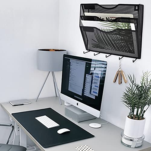 EASEPRES 3 Pocket Mesh Hanging File Organizer with Key Holder Hooks & Nametag Label, Wall Mounted Mail Paper Document Folder Clipboard Storage Organization Magazine Rack for Office Cubicle, Black - color: Black, size: 3 Tier & Key Holder