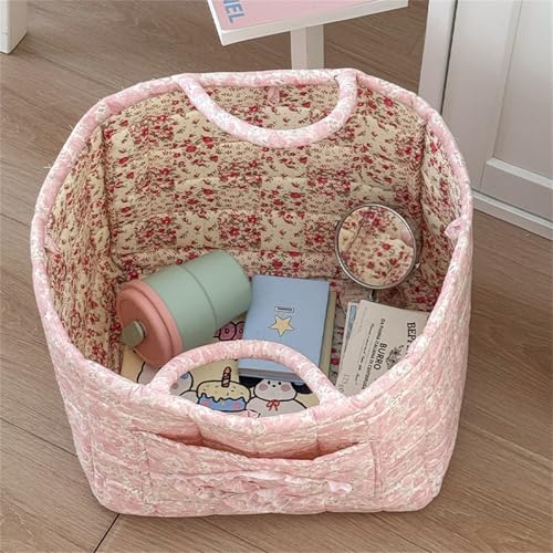 Quilted Fabric Storage Basket with Handles & Pocket, Foldable Laundry Hamper Boho Floral Print Organizer Bin for Home, Picnic, Office 12"x10"x10" (A-4) - color: A-4