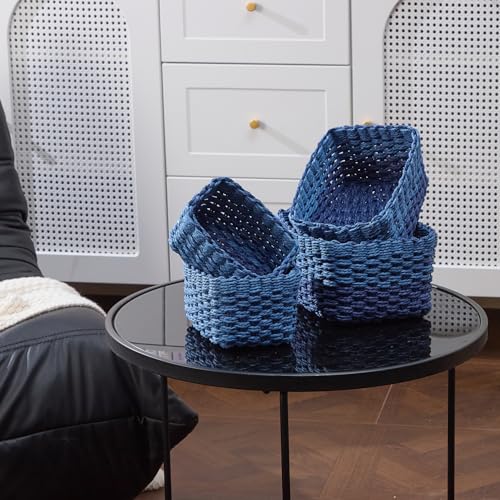 4PCS Woven Storage Baskets Set, Small Baskets for Organizing, Square Handwoven Paper Rope Organizer Bins for Shelves and Home Storage (Blue) - color: Blue