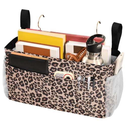 Bedside Caddy Hanging Bunk Bed Caddy Bed Organizer Hanging Pocket with 2 Hooks Bedside Storage Organizer Pocket Bag Holder Leopard Print Brown - color: Leopard Print Brown