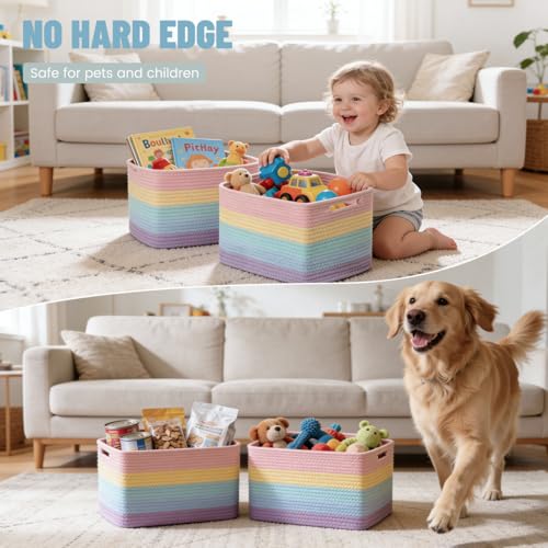 5 Pack Rainbow Woven Storage Baskets for Shelves, Decorative Toy Baskets Organizer for Kids Room, Nursery, Playroom, Classroom – Colorful Cotton Rope Toy Storage Bins for Organizing & Decor - color: Rainbow